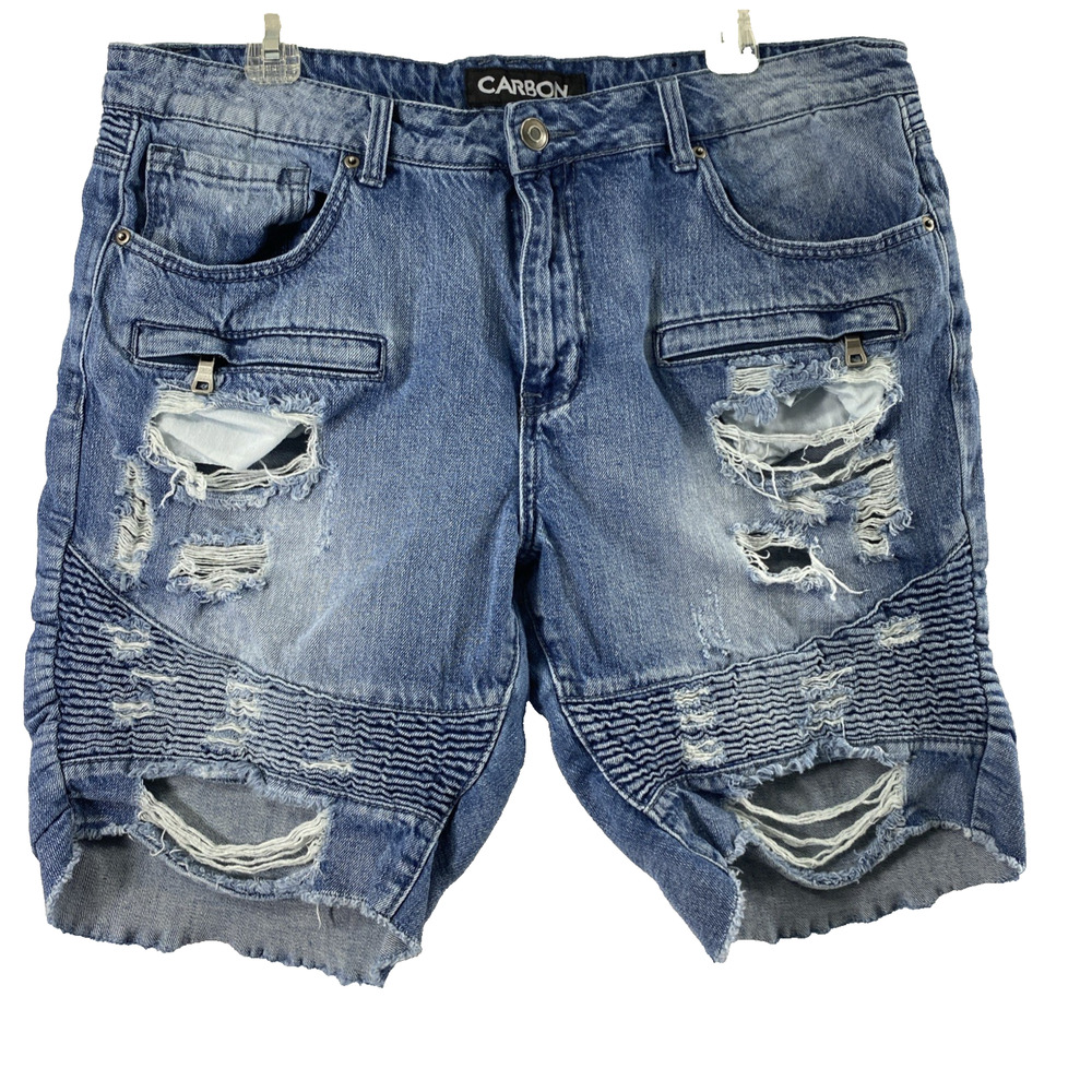Carbon Jean‎ Shorts Mens Size 38 Destroyed Denim Raw Hem Grunge Moto Skater